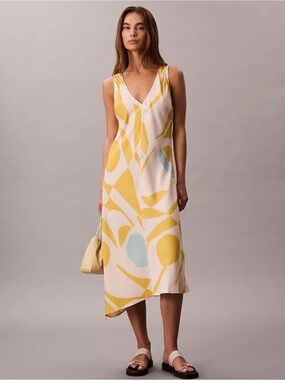 Calvin Klein Yellow and Light Blue Abstract Maxi Dress